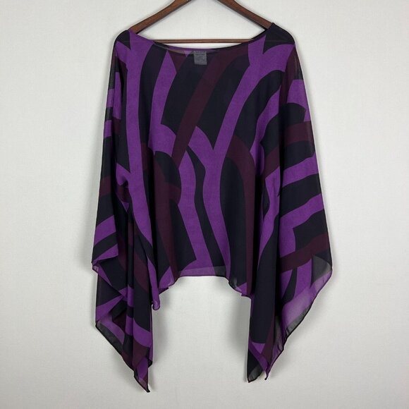 Draped Blouse Top Womens Large‎ Purple Black Sheer Geometric Statement Sleeve 14 - Picture 12 of 16